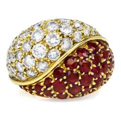 1980s Diamond Ruby 18K Gold Italian Bypass Cluster Dome cocktail Ring