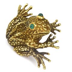 Vintage E. Pearl Emerald 18K Yellow Gold Large Frog Brooch Pin