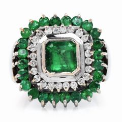 Estate Diamond Emerald 18K White Gold Square Halo Cocktail Ring