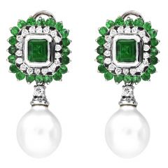 Estate Diamond Emerald South Sea Pearl 18K Gold Floral Dangle Earrings