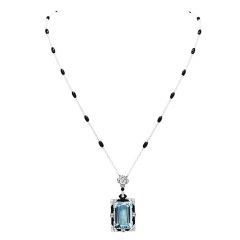 Antique Deco Aquamarine Diamond Onyx Pearl Gold Pendant Necklace