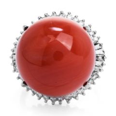 Estate  18mm Natural Red Coral Diamond Halo  Platinum Cocktail Ring