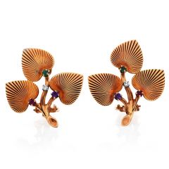 Vintage Retro Diamond Multicolor Gemstone Yellow Gold Floral Leaf Clip On Earrings