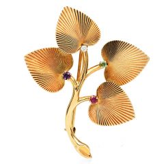Vintage Retro Diamond Multicolor Gemstone Yellow Gold Floral Leaf Brooch