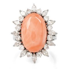 Estate 3.10cts Diamond Pink Coral 18K White Gold Floral Cocktail Ring