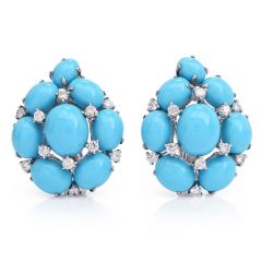 Estate Fine Turquoise 1.10ct Diamond 18K White Gold Cluster Floral Clip On Earrings