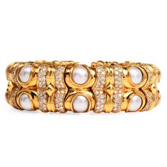 Vintage Retro 2.50 carat Diamond Pearl 18K Yellow Gold Bangle Cuff Bracelet