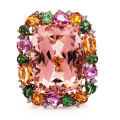 GIA Morganite Diamond Tsavorite Sapphire 18K Rose Gold Cocktail Ring