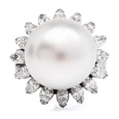 Estate Diamond South Sea Pearl Platinum Flower Cocktail Ring