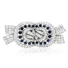 Vintage Art Deco Diamond Blue Sapphire Platinum Bypass Ribbon Brooch Pin Set