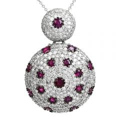 Italian 7.25 ct Diamond Ruby 14K White Gold Cluster Dangle Pendant Chain Necklace