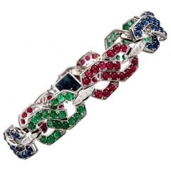 Estate Diamond Sapphire Emerald & Ruby 18K Gold link Bracelet