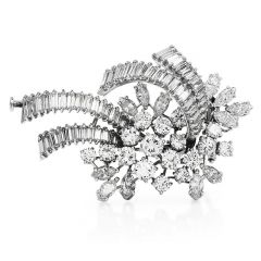 Vintage Cluster Diamond Platinum Flower Ribbon Brooch Pin