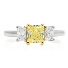 GIA 1.65ct Princess cut Yellow Diamond Platinum 18K Gold Three Stone Engagement Ring