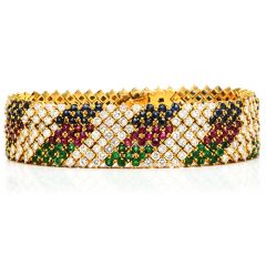 Vintage Retro 3 Diamond Sapphire Ruby Emerald 18K Yellow Gold Stackable Bracelet Set