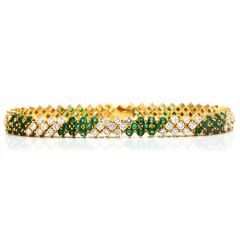 Vintage Retro Diamond Emerald 18K Yellow Gold Cluster Link Bracelet