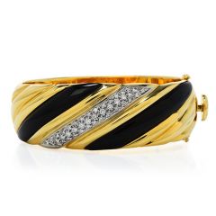 Retro Diamond Onyx 18K Yellow Gold Wide Striped Bangle Bracelet