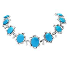 Vintage Diamond Turquoise 18K White Gold Graduated Halo Link Choker Necklace
