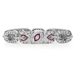 Art Deco Design Diamond Ruby 18K White Gold Marquise Eye Link Bracelet
