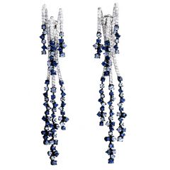  Sapphire Diamond 18K Gold Flower Dangle Drop Earrings

