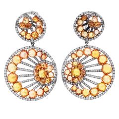 Estate Diamond Yellow Sapphire 18K Gold  Round Dangle Hoop Earrings