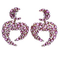  Pink Sapphire Diamond 18K Yellow Gold Half Moon Cluster Dangle Earrings