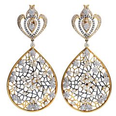  10.50cts Diamond 18K Yellow Gold Royalty Crown Web Dangle Drop Earrings