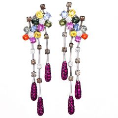 Estate Multicolor Sapphire Diamond 18K Gold Flower Dangle Drop Earrings