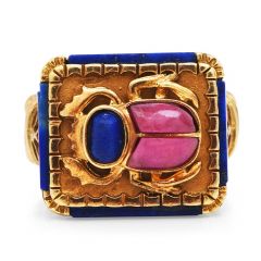 Vintage  Lapis Lazuli 18K Yellow Gold Egyptian Rhodochrosite Scarab Unisex Ring 