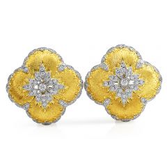 1990's Diamond 18K Gold Platinum Rigato Clover Flower Clip On Stud Earrings