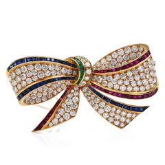 Large Diamond Multi Gem Sapphire Emerald Ruby 18k Gold Bow Pin Brooch  