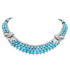 Vintage 19.02ct Diamond Turquoise 18K White Gold Elegant Wide Link Necklace