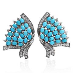 Vintage 1.23ct Diamond Turquoise 14K White Gold Flutter Fan Clip On Earrings 