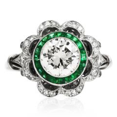 Art Deco Style Diamond  Emerald Flower Floral Engagement Ring