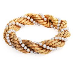 Vintage Italian 1960s 'Twist' Rope  and Pearl over size 18k Gold Bracelet