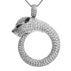 Estate Diamond Emerald 18K White Gold Panther Pave Diamond Pendant 