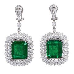 Magnificent 27.08cts Emerald Diamond 18K White Gold Halo Dangle Drop Earrings 
