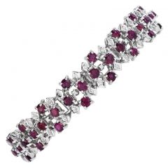 Vintage Diamond Ruby 18K White Gold Wide Cluster Link Bracelet 