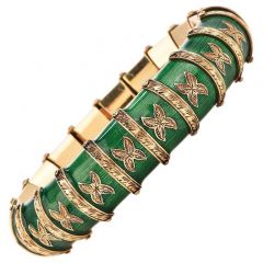 Vintage Snake Green Paillonne Enamel 18k Gold Bracelet 