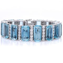 Vintage Deco Aquamarine Diamond Platinum Wide Link Bracelet