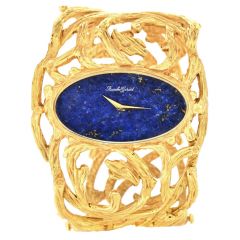 Vintage Bueche Girod Lapis Lazuli 18K Yellow Gold Wide Bangle Bracelet Watch  