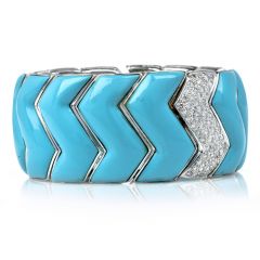Vintage Pave Diamond Turquoise 18K White Gold Braided Cuff Bangle Bracelet