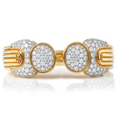 Vintage Pave Diamond 18K Yellow Gold Platinum Cluster Bypass Cuff Bracelet