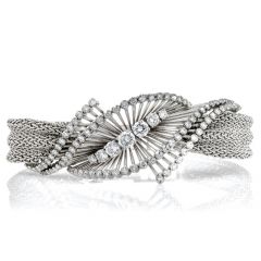 Vintage Diamond 18K White Gold Bypass Mesh Retro Bracelet-Dover Jewelry