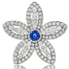 GIA Blue Sapphire Diamond Platinum Star Flower Brooch Pin