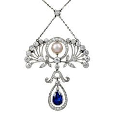 Antique Edwardian Diamond GIA Natural Pearl Sapphire Platinum  Floral Pendant Chain Necklace 
