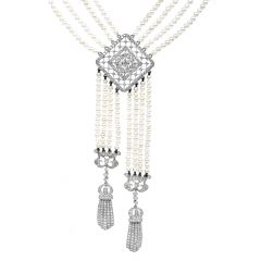 Vintage Diamond Pearl 18K White Gold Filigree Tassel Dangle Drop Necklace