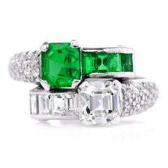Vintage GIA Emerald Diamond Platinum Bypass Toi Et Moi Engagement Ring |DoverJewelry|
