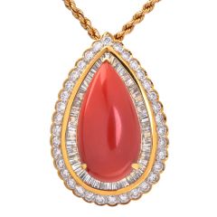 GIA Coral Diamond 18K Gold Pear Halo Pendant-Dover Jewelry
