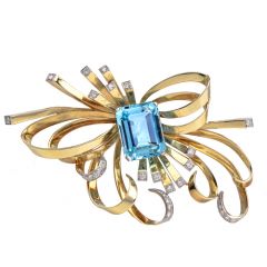 GIA 19.01cts Aquamarine Diamond 18K Gold Ribbon Pin-Dover Jewelry
